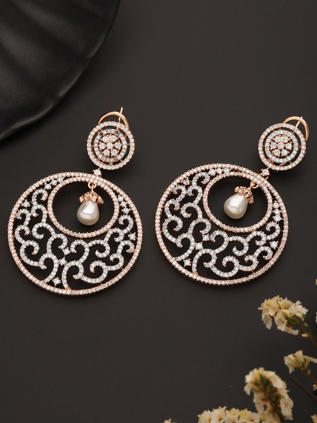 Rose Gold Cz Studded & Pearl Beaded Statement Modern Chandbali Clip Earrings